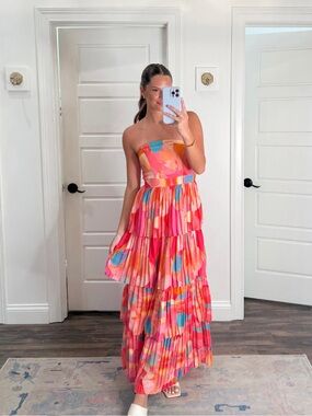 Flying Tomato Strapless Multicolor Floral Tier Pleated Maxi Dress Large